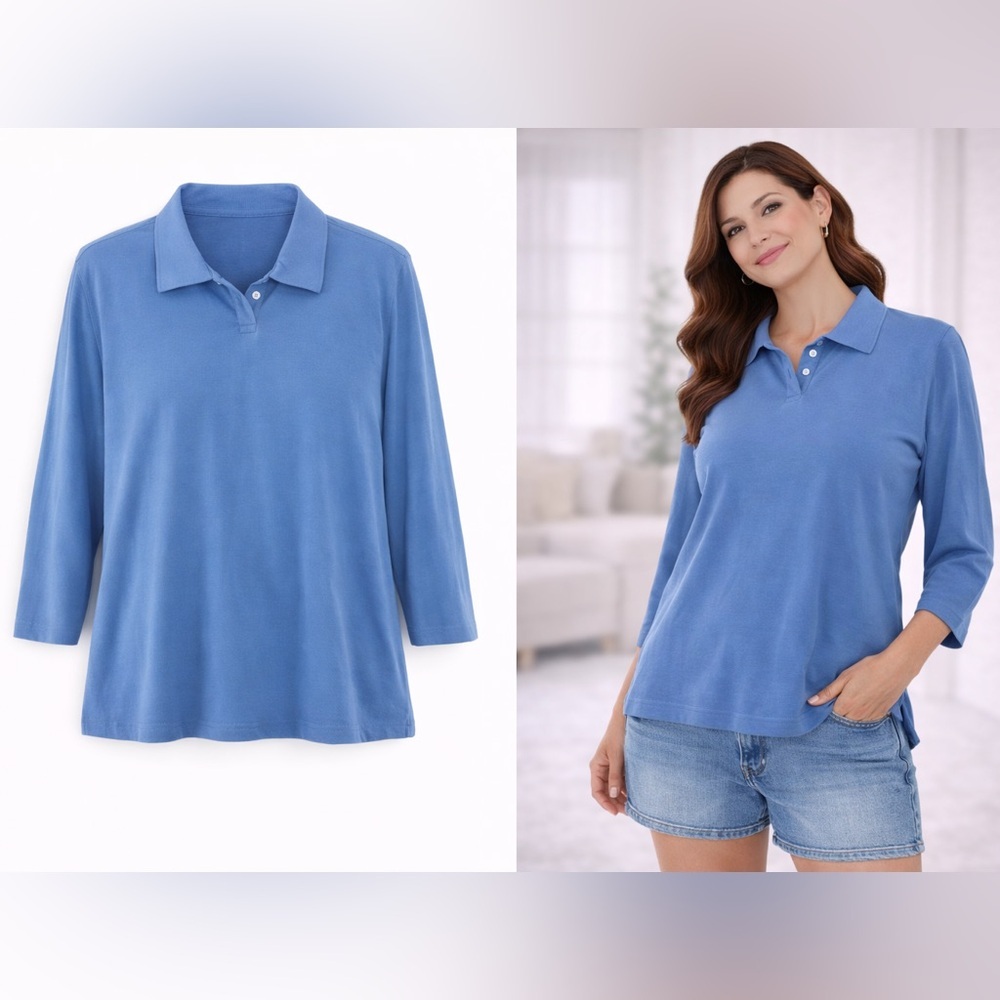 L.L.Bean 100% Cotton 3/4 Sleeve Polo Tee Blue Misses Large
